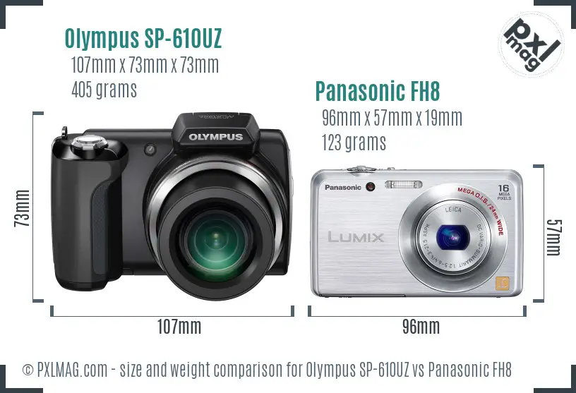 Olympus SP-610UZ vs Panasonic FH8 size comparison