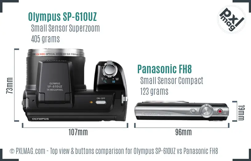 Olympus SP-610UZ vs Panasonic FH8 top view buttons comparison