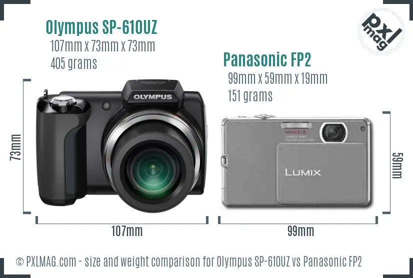 Olympus SP-610UZ vs Panasonic FP2 size comparison
