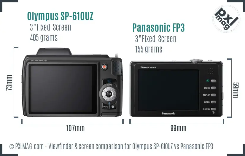 Olympus SP-610UZ vs Panasonic FP3 Screen and Viewfinder comparison