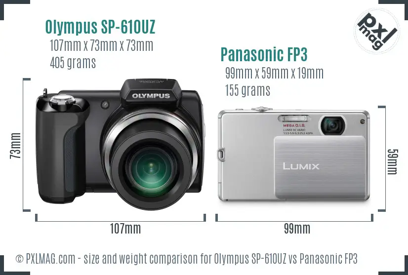 Olympus SP-610UZ vs Panasonic FP3 size comparison