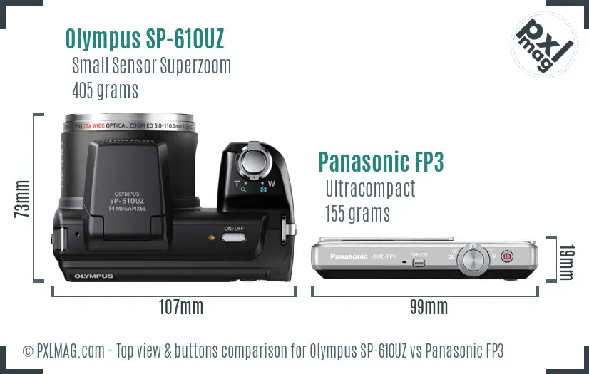 Olympus SP-610UZ vs Panasonic FP3 top view buttons comparison