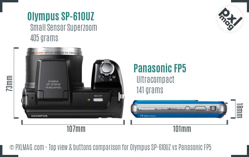 Olympus SP-610UZ vs Panasonic FP5 top view buttons comparison