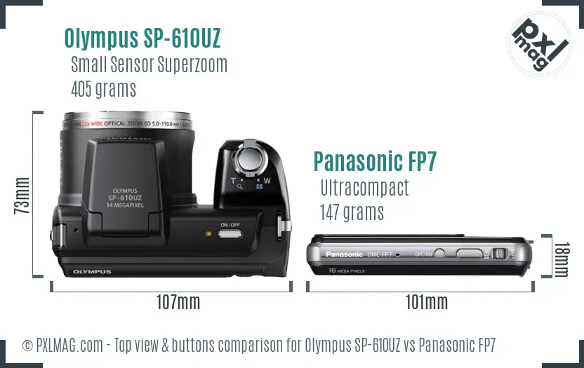 Olympus SP-610UZ vs Panasonic FP7 top view buttons comparison