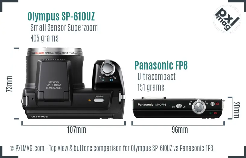 Olympus SP-610UZ vs Panasonic FP8 top view buttons comparison
