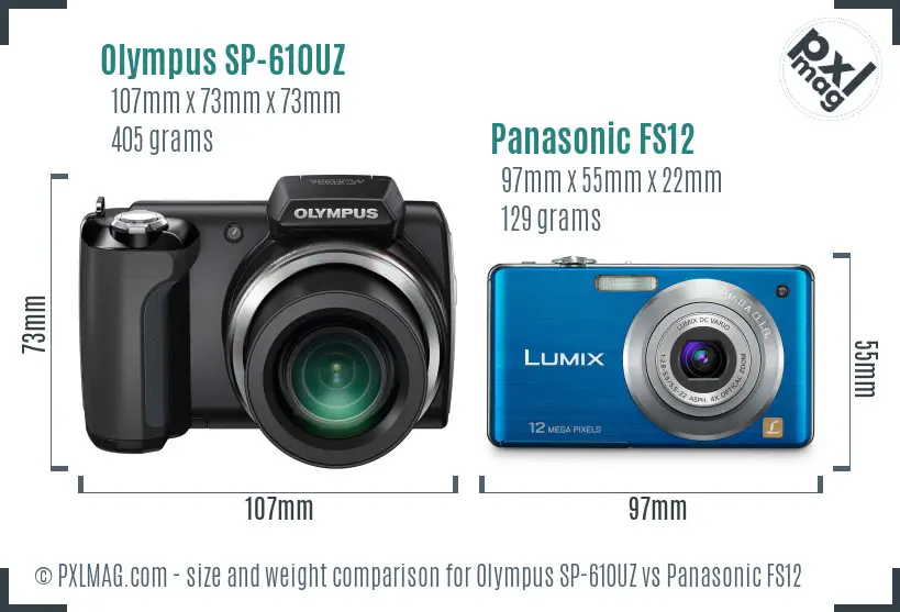 Olympus SP-610UZ vs Panasonic FS12 size comparison