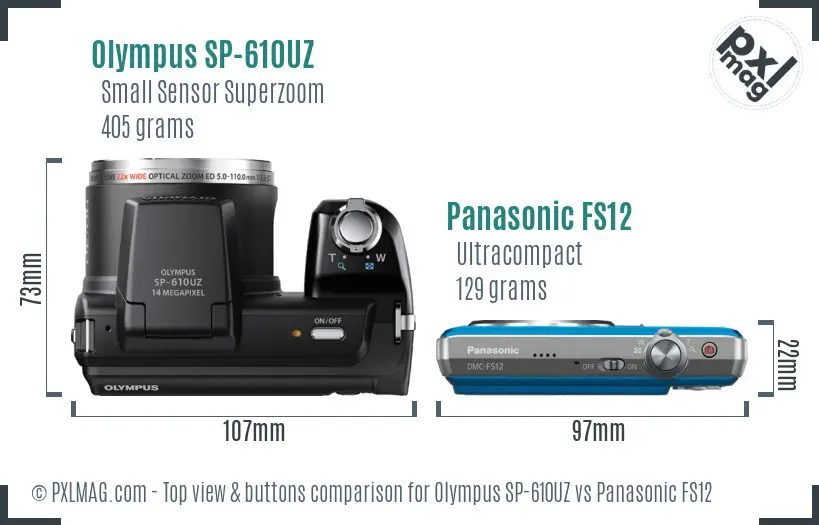 Olympus SP-610UZ vs Panasonic FS12 top view buttons comparison