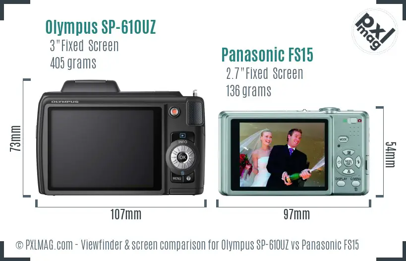 Olympus SP-610UZ vs Panasonic FS15 Screen and Viewfinder comparison