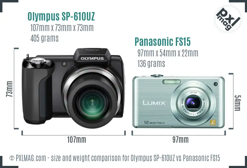 Olympus SP-610UZ vs Panasonic FS15 size comparison