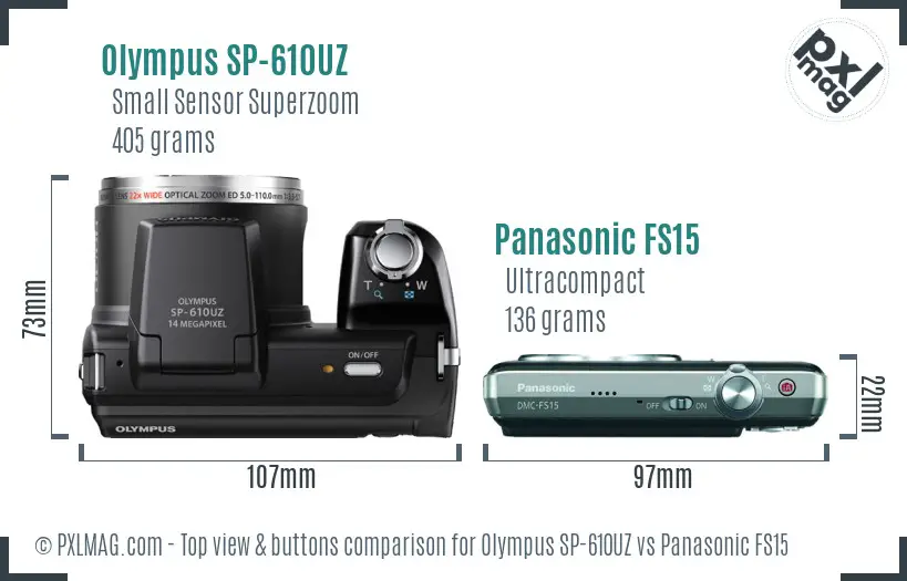 Olympus SP-610UZ vs Panasonic FS15 top view buttons comparison