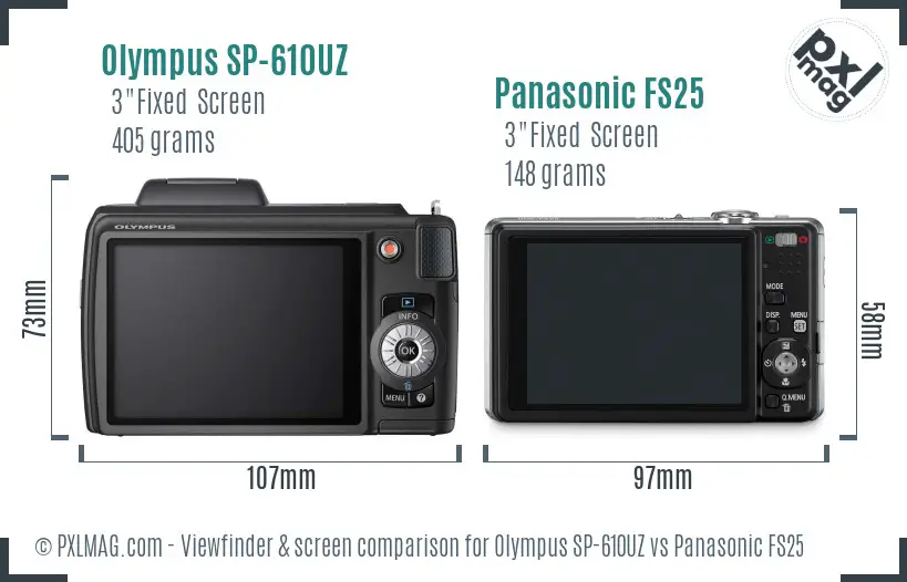 Olympus SP-610UZ vs Panasonic FS25 Screen and Viewfinder comparison