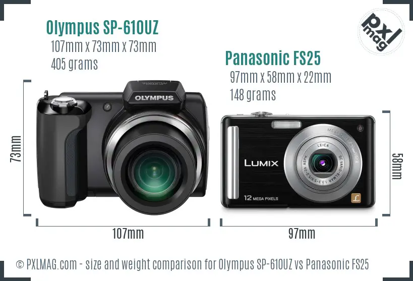 Olympus SP-610UZ vs Panasonic FS25 size comparison