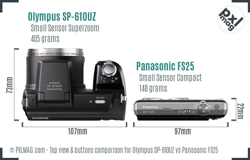 Olympus SP-610UZ vs Panasonic FS25 top view buttons comparison