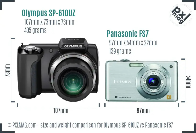 Olympus SP-610UZ vs Panasonic FS7 size comparison