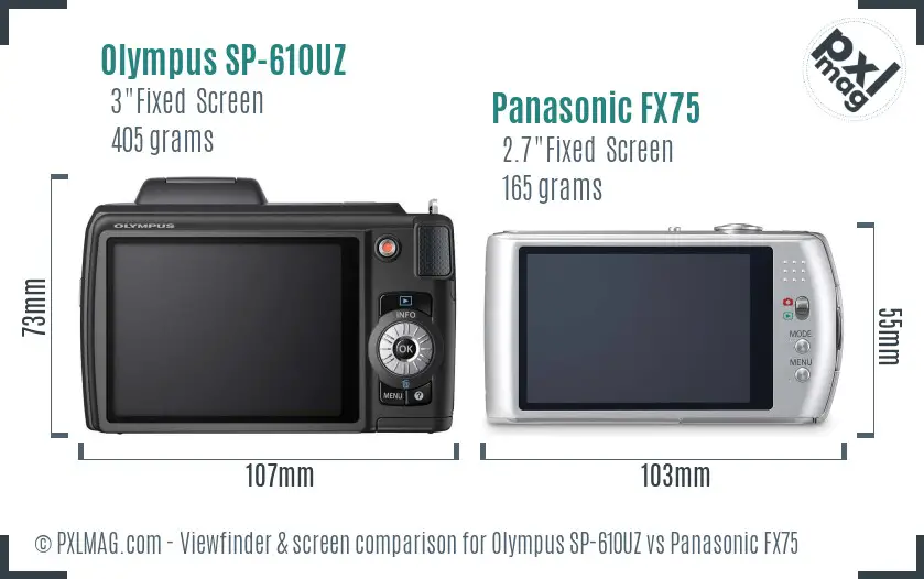 Olympus SP-610UZ vs Panasonic FX75 Screen and Viewfinder comparison