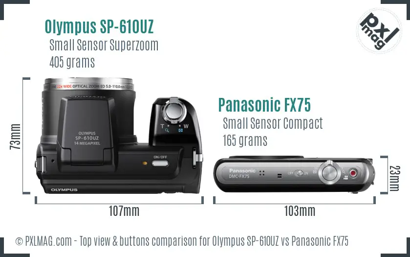 Olympus SP-610UZ vs Panasonic FX75 top view buttons comparison