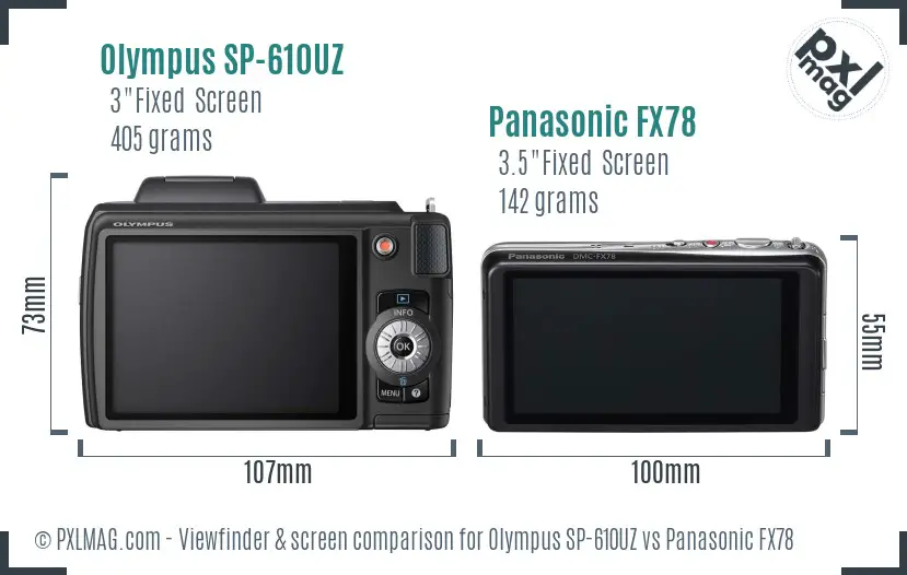 Olympus SP-610UZ vs Panasonic FX78 Screen and Viewfinder comparison