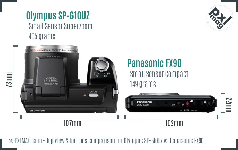 Olympus SP-610UZ vs Panasonic FX90 top view buttons comparison