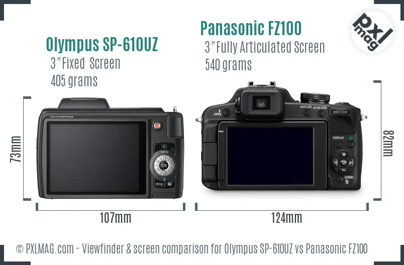 Olympus SP-610UZ vs Panasonic FZ100 Screen and Viewfinder comparison