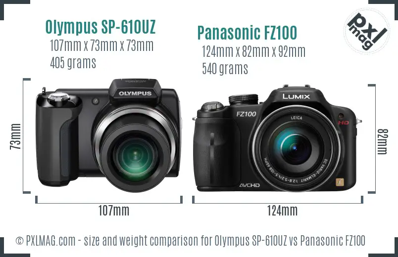 Olympus SP-610UZ vs Panasonic FZ100 size comparison