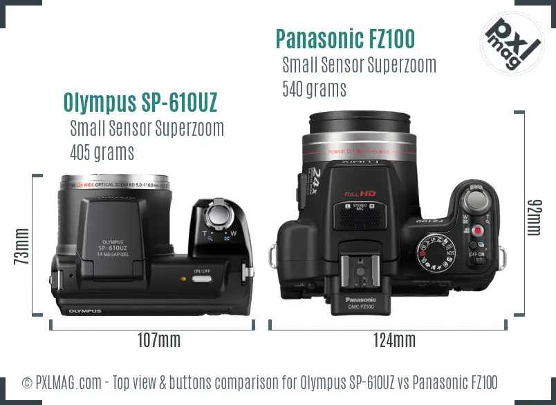 Olympus SP-610UZ vs Panasonic FZ100 top view buttons comparison