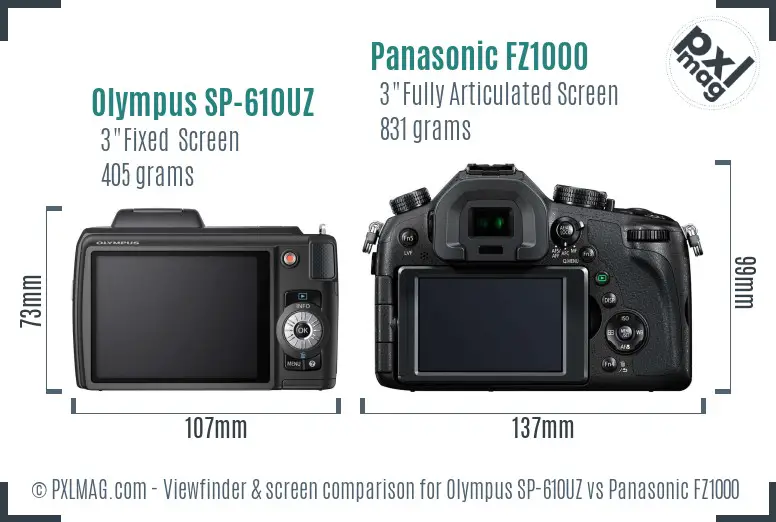 Olympus SP-610UZ vs Panasonic FZ1000 Screen and Viewfinder comparison