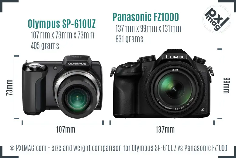 Olympus SP-610UZ vs Panasonic FZ1000 size comparison