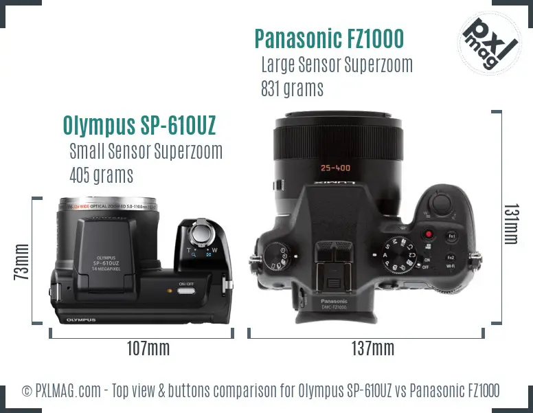 Olympus SP-610UZ vs Panasonic FZ1000 top view buttons comparison