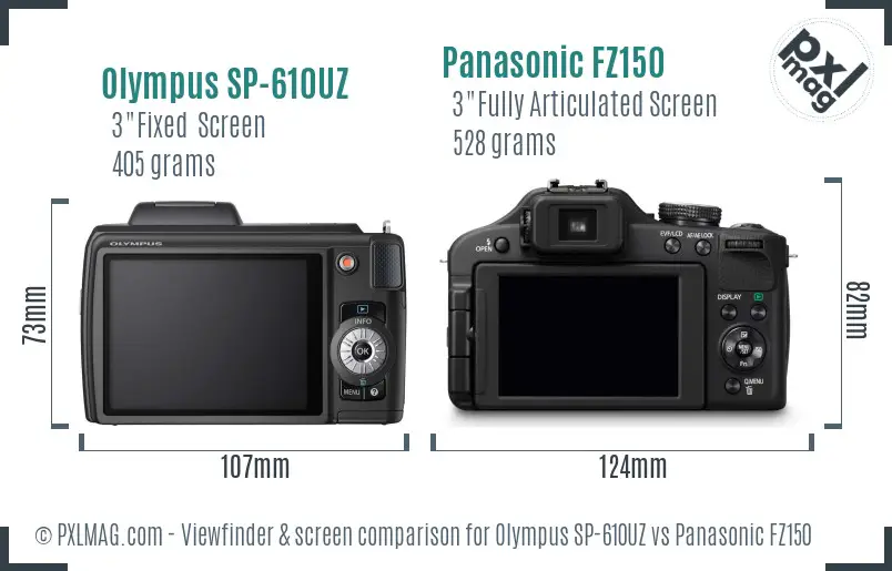 Olympus SP-610UZ vs Panasonic FZ150 Screen and Viewfinder comparison