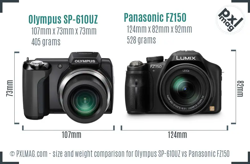Olympus SP-610UZ vs Panasonic FZ150 size comparison
