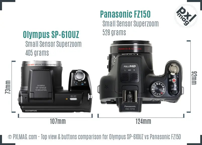 Olympus SP-610UZ vs Panasonic FZ150 top view buttons comparison