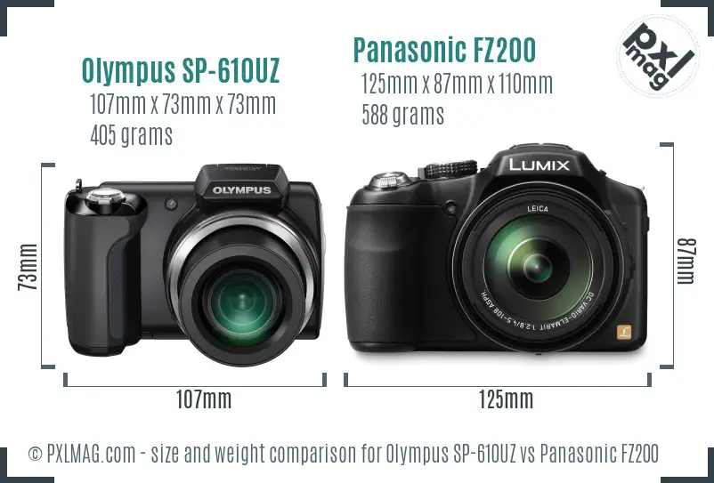 Olympus SP-610UZ vs Panasonic FZ200 size comparison