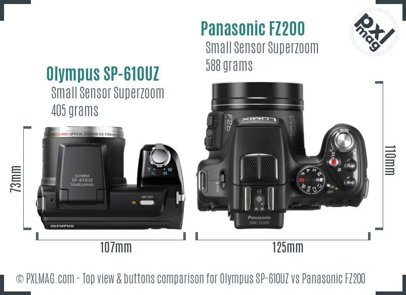 Olympus SP-610UZ vs Panasonic FZ200 top view buttons comparison