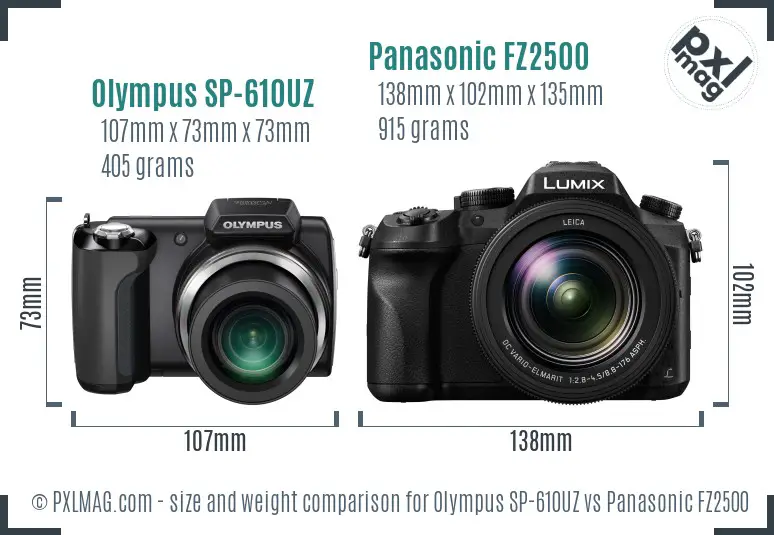 Olympus SP-610UZ vs Panasonic FZ2500 size comparison