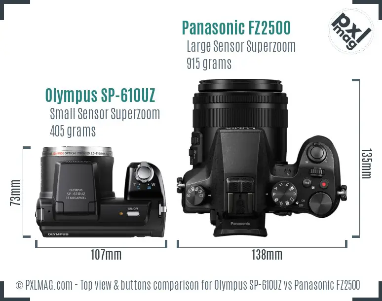 Olympus SP-610UZ vs Panasonic FZ2500 top view buttons comparison