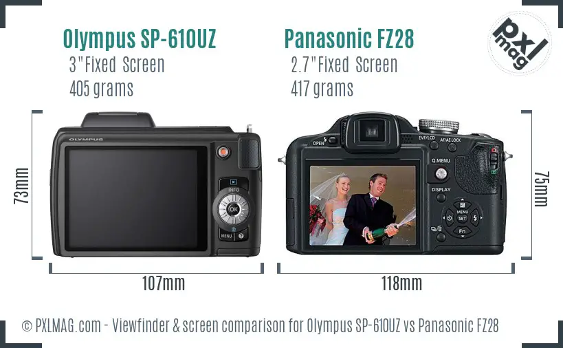 Olympus SP-610UZ vs Panasonic FZ28 Screen and Viewfinder comparison