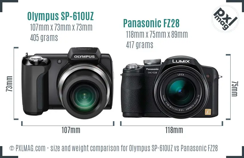 Olympus SP-610UZ vs Panasonic FZ28 size comparison