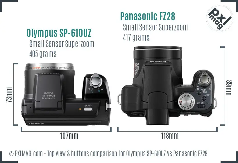 Olympus SP-610UZ vs Panasonic FZ28 top view buttons comparison