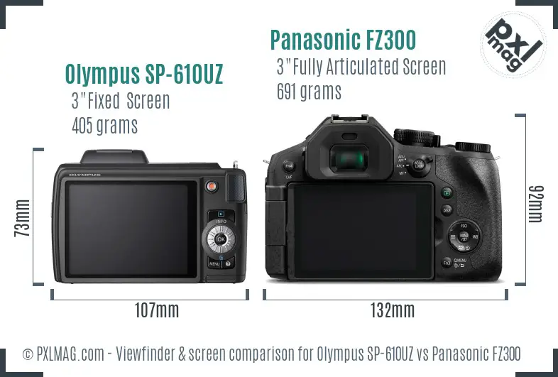 Olympus SP-610UZ vs Panasonic FZ300 Screen and Viewfinder comparison