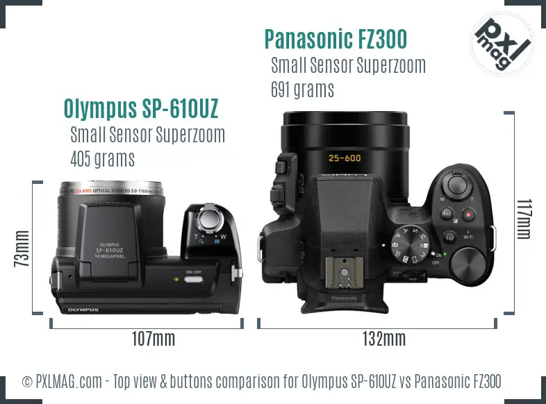 Olympus SP-610UZ vs Panasonic FZ300 top view buttons comparison