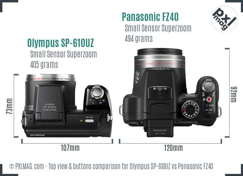 Olympus SP-610UZ vs Panasonic FZ40 top view buttons comparison