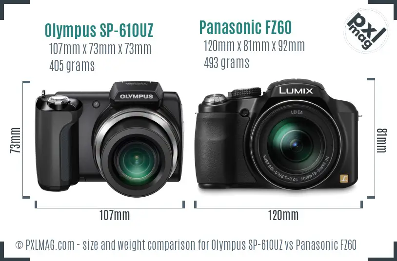 Olympus SP-610UZ vs Panasonic FZ60 size comparison