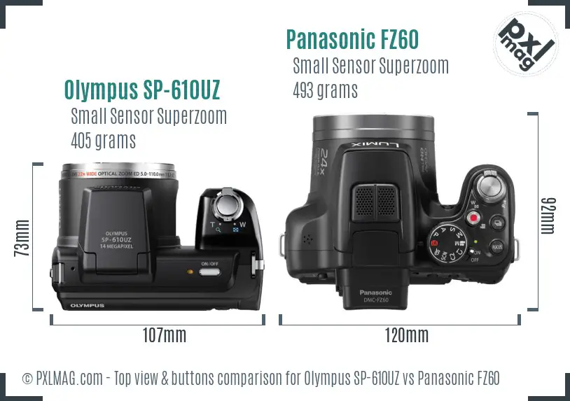 Olympus SP-610UZ vs Panasonic FZ60 top view buttons comparison