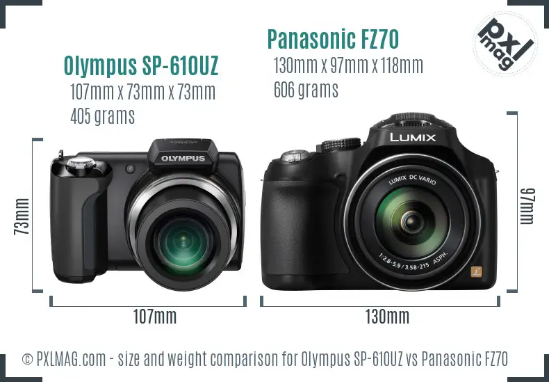 Olympus SP-610UZ vs Panasonic FZ70 size comparison