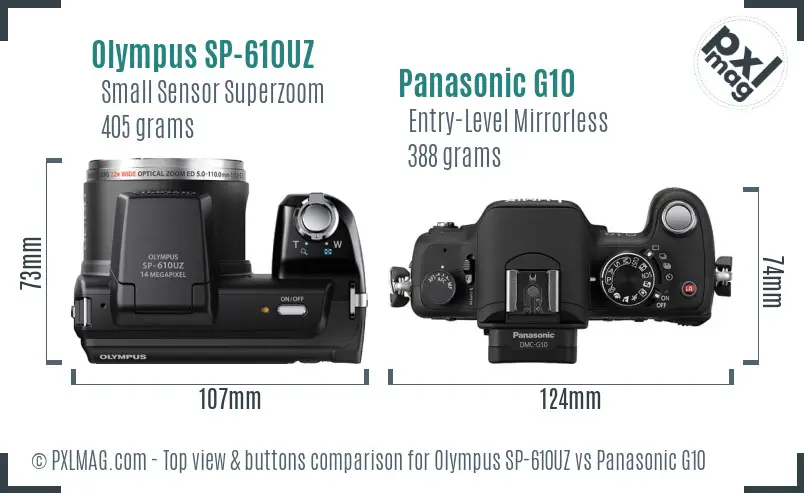 Olympus SP-610UZ vs Panasonic G10 top view buttons comparison