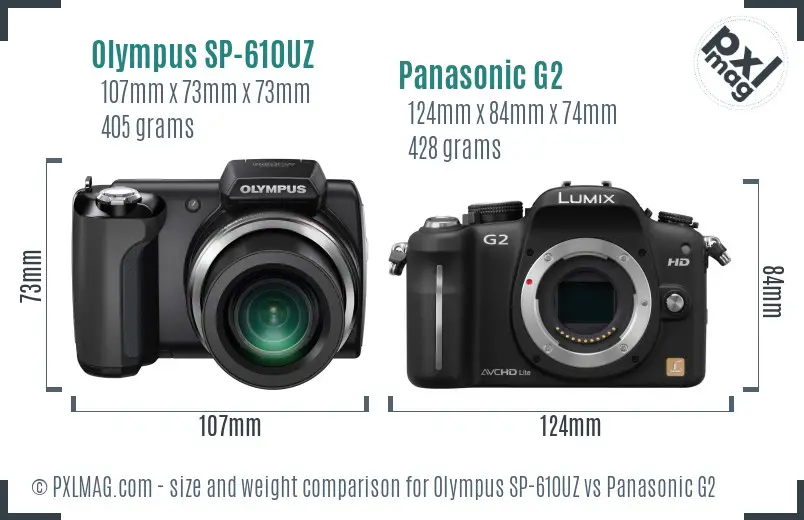 Olympus SP-610UZ vs Panasonic G2 size comparison