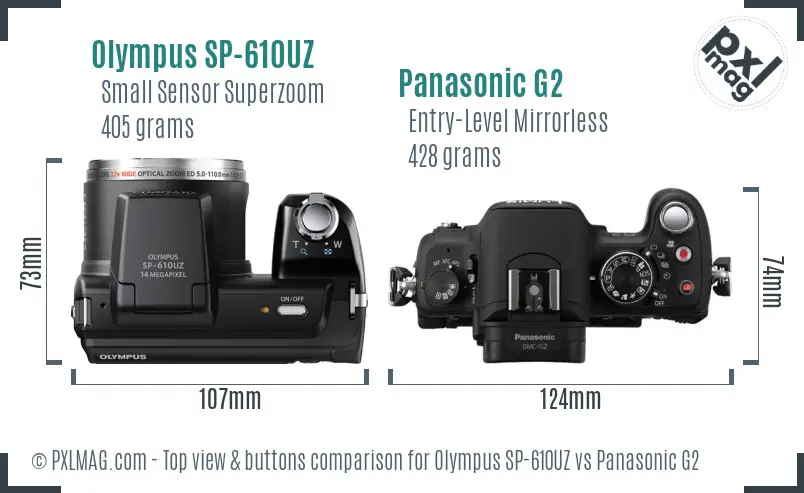 Olympus SP-610UZ vs Panasonic G2 top view buttons comparison