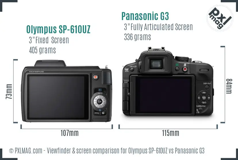 Olympus SP-610UZ vs Panasonic G3 Screen and Viewfinder comparison
