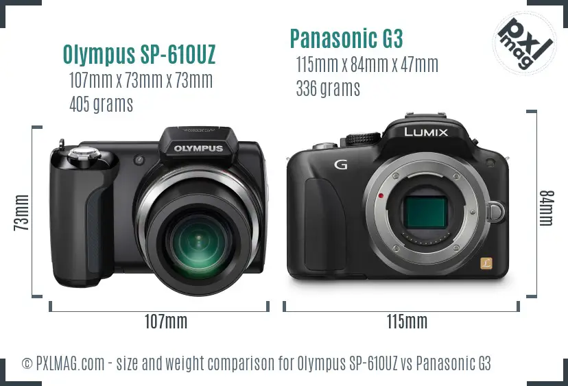 Olympus SP-610UZ vs Panasonic G3 size comparison