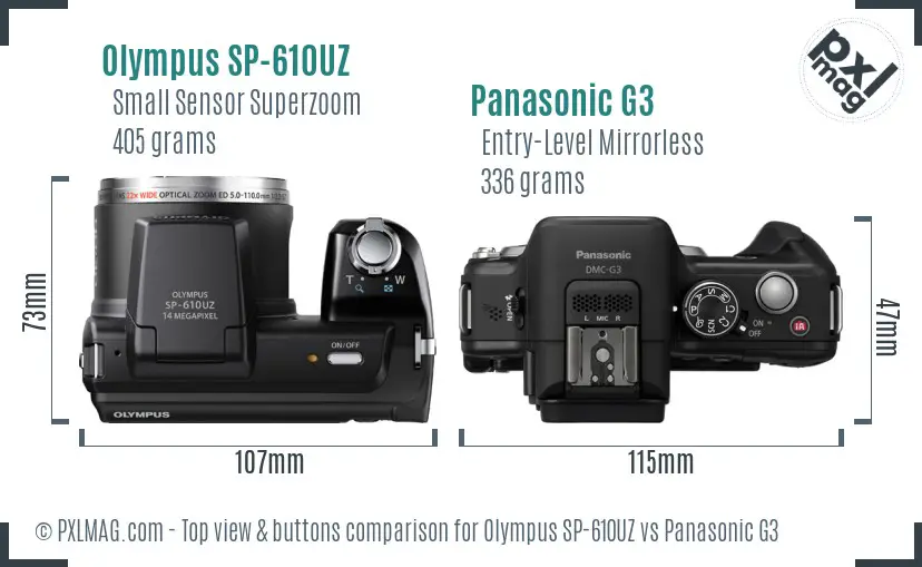 Olympus SP-610UZ vs Panasonic G3 top view buttons comparison